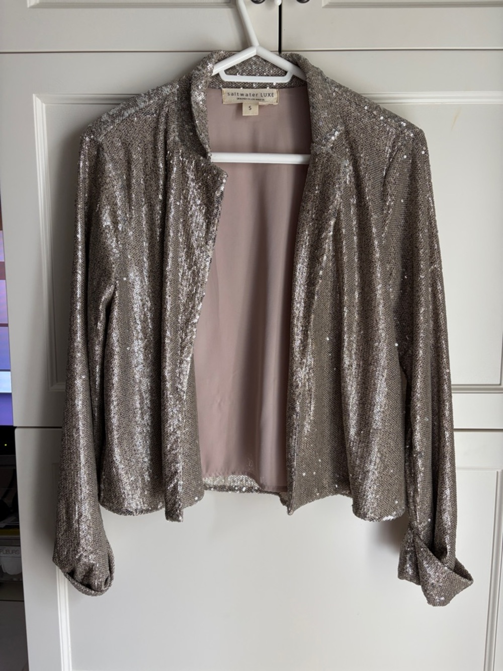 saltwater LUXE Shimmery Sequin Open-Front Blazer in Taupe